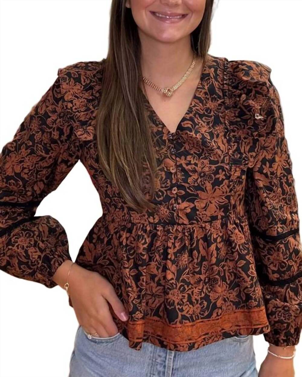 NEW LOST + WANDER lady of siena top in brown floral